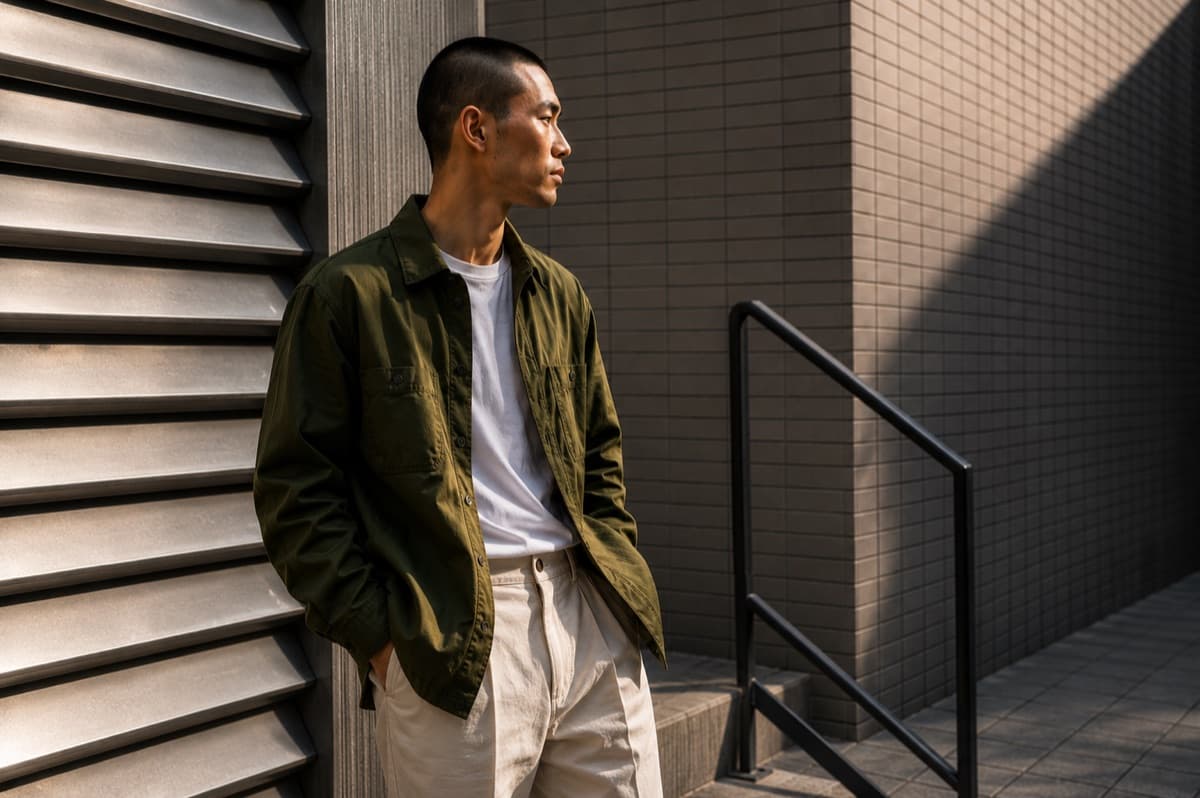 Overshirt verde-oliva sobre camiseta branca encostado numa veneziana metálica