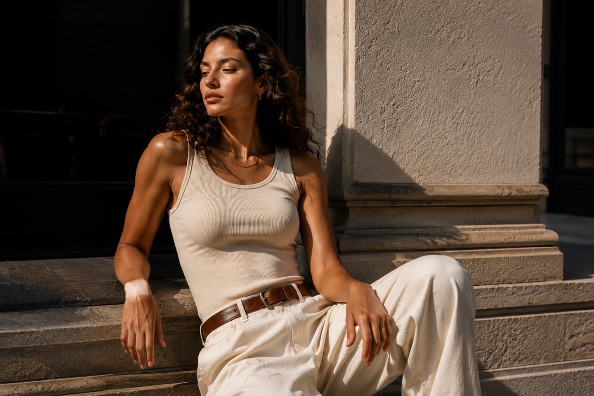 Regata canelada clara e calça off-white sentada num degrau de pedra